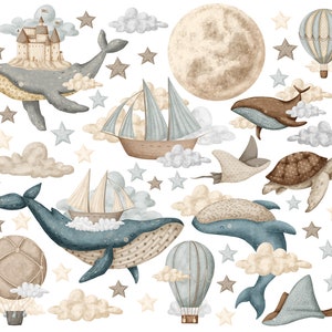 Sticker mural océan rêveur XL / sticker mural montgolfière vintage / Stickers aquarelle navires et baleines / Sticker lune et étoile image 6