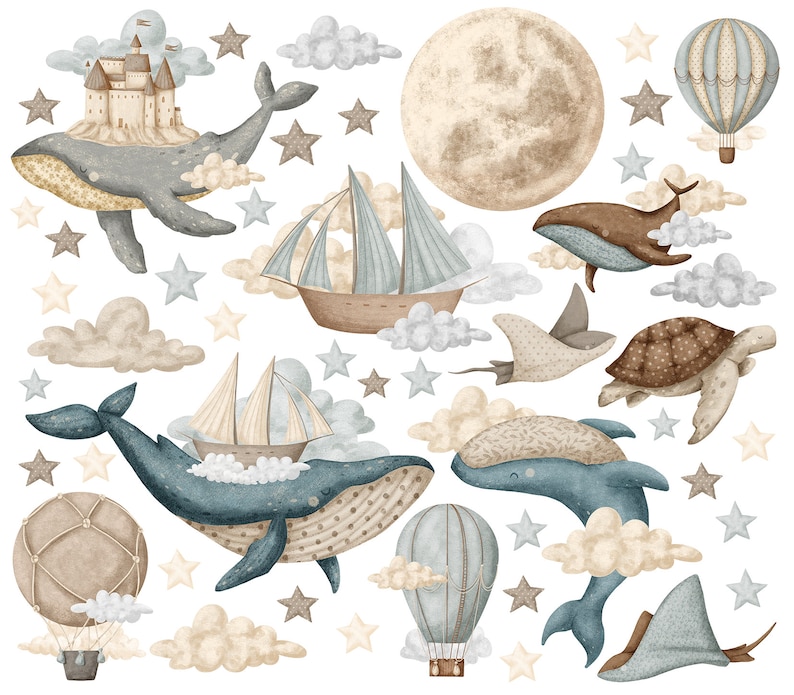 Sticker mural océan rêveur XL / sticker mural montgolfière vintage / Stickers aquarelle navires et baleines / Sticker lune et étoile image 6