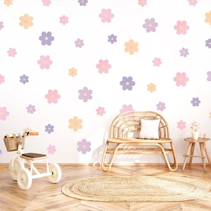 Daisy Flower Wandaufkleber 55 Stück rosa lila gelb / Pastell Wandsticker für Kinderzimmer Mädchen Zimmer / florale Wanddekoration für Kinder / florale Abziehbilder