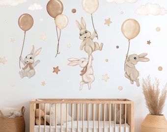 Wandtattoo Hase mit Luftballons im Set braun | Pastell Kinderzimmer Wandtattoos | Babyzimmer Dekor | Niedliche Hasen Geschenkidee