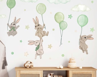 Wandsticker Hasen mit Luftballons | Gender Neutral Kinderzimmer Wandtattoos | Pastell Hase Zimmer Dekor | Baby Geschenk Idee