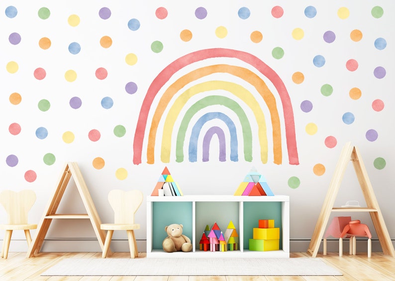 Wandtattoo Regenbogen mit Polka Dots/ Kinderzimmer Dekor Regenbogen/ klassischer Regenbogen Wandaufkleber/ Aquarell Regenbogen Wandtattoo Bild 2