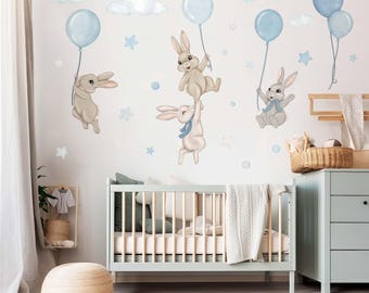 Wandsticker Hasen mit Luftballons | Baby Wandtattoo Junge | Süßes Pastell Tier Dekor | Hasenzimmer Geschenk