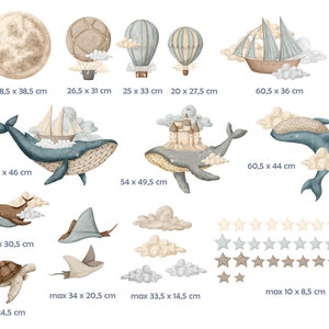 Sticker mural océan rêveur XL / sticker mural montgolfière vintage / Stickers aquarelle navires et baleines / Sticker lune et étoile image 5