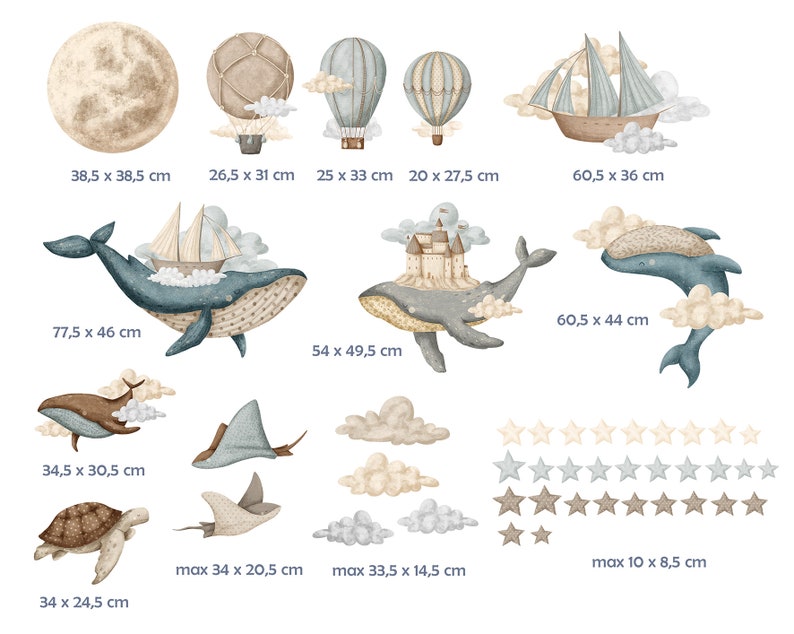 Sticker mural océan rêveur XL / sticker mural montgolfière vintage / Stickers aquarelle navires et baleines / Sticker lune et étoile image 5