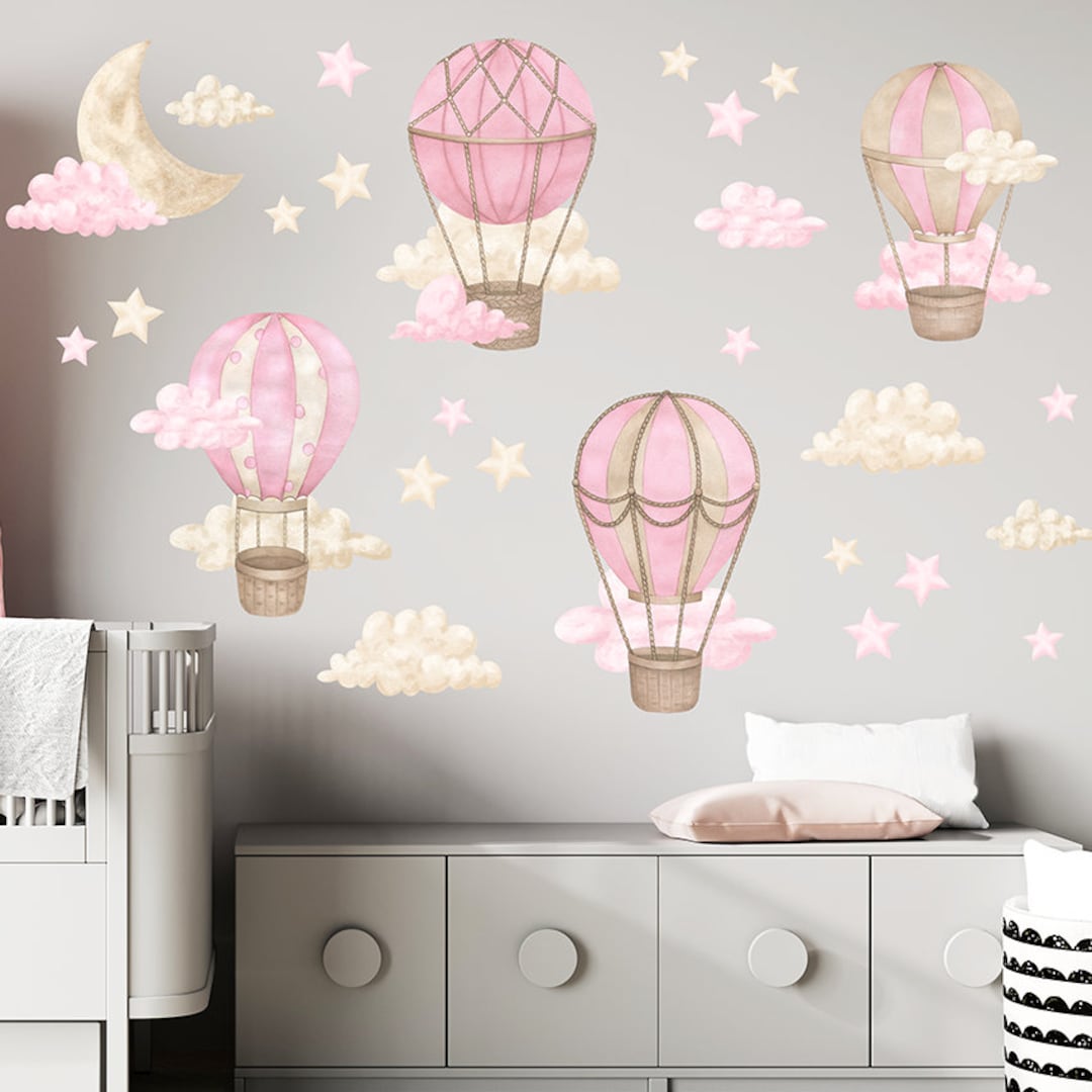 Sticker Murail Montgolfière Animaux - Déco Enfant Rose - Autocollant Salon Ou Chambre Bébé