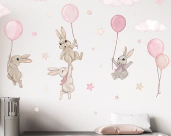 Rosa Häschen-Wandaufkleber mit Luftballons | Baby Mädchen Aufkleber | Pastell Hase Zimmer Dekor | Nettes Geschenk für Mädchen