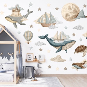 Sticker mural océan rêveur XL / sticker mural montgolfière vintage / Stickers aquarelle navires et baleines / Sticker lune et étoile image 3