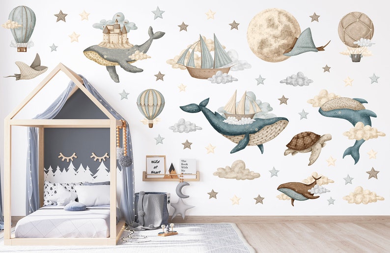 Sticker mural océan rêveur XL / sticker mural montgolfière vintage / Stickers aquarelle navires et baleines / Sticker lune et étoile image 3