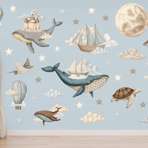 Sticker mural océan rêveur XL / sticker mural montgolfière vintage / Stickers aquarelle navires et baleines / Sticker lune et étoile image 4