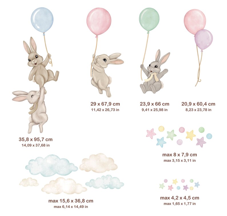 K&ouml;nnte beinhalten: Ein Set Wandaufkleber mit zwei Hasen, die Ballons, Wolken und Sterne halten. Die Hasen sind hellbraun mit grauen Ohren und Nasen. Die Ballons sind rosa, blau und gr&uuml;n. Die Wolken sind wei&szlig; mit blauen und rosa Akzenten. Die Sterne sind gelb, rosa, blau und gr&uuml;n. Die Aufkleber sind etwa 15,6 cm x 36,8 cm gro&szlig;.