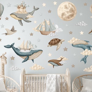 Sticker mural océan rêveur XL / sticker mural montgolfière vintage / Stickers aquarelle navires et baleines / Sticker lune et étoile image 2