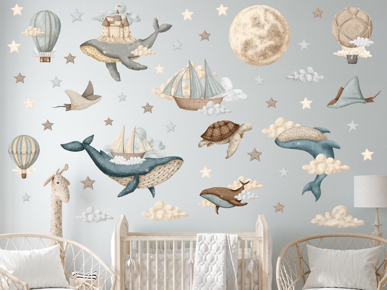 Sticker mural océan rêveur XL / sticker mural montgolfière vintage / Stickers aquarelle navires et baleines / Sticker lune et étoile image 2