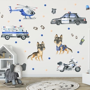 Kalkomania ścienna policja/Naklejka ścienna helikopter/Polizeiauto Wandtattoo/Naklejka ścienna policjant/Hubschrauber Wandtattoo