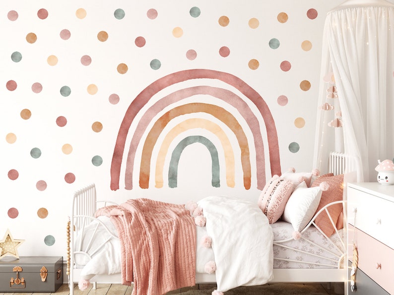 BOHO Decalcomania da muro arcobaleno con pois/Arredamento della cameretta arcobaleno/Adesivo da parete Boho Rainbow/Decalcomania da muro arcobaleno acquerello/Boho dot immagine 2