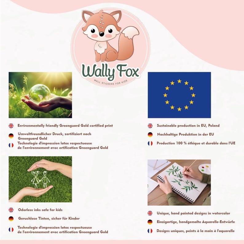 K&ouml;nnte beinhalten: Ein Set Wandaufkleber mit einem niedlichen Comic-Fuchs mit dem Text "Wally Fox Wandaufkleber f&uuml;r Kinder". Die Aufkleber sind aus umweltfreundlichem, Greenguard Gold zertifiziertem Druck hergestellt und werden nachhaltig in der EU produziert.