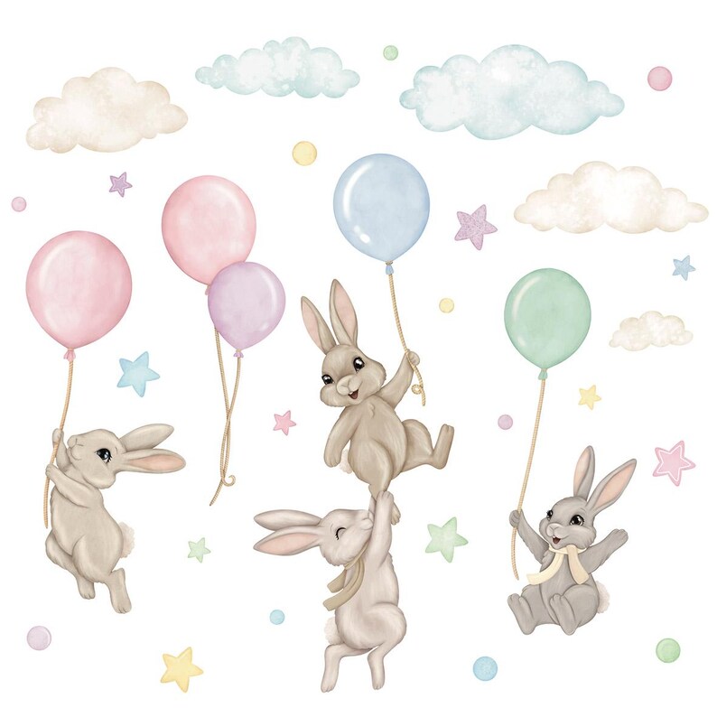 K&ouml;nnte beinhalten: Ein Set Wandaufkleber mit niedlichen Hasen, die pastellfarbene Ballons und Wolken halten. Die Aufkleber sind perfekt f&uuml;r ein Kinderzimmer oder ein Babyzimmer.