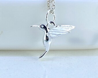 Sterling Silver Hummingbird Necklace, Personalized Initial & Birthstone Option
