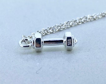 Dumbbell Sterling Silver Necklace, Bar Bell Necklace, Body Builder Necklace, Fitness Fanatic, Gym Bunny, Optional Birthstone