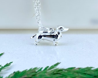 Sterling Silver Dachshund Necklace: Dainty Sausage Dog Pendant, Personalize Option