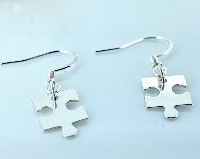 Jigsaw Puzzle Piece Earrings, Sterling Silver, Gift for Friend