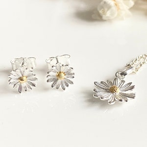 Daisy Earrings and Necklace Gift Set, Sterling Silver with Yellow Gold, April Birthday, Botanical Jewellery