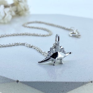 Sterling Silver Stegosaurus Necklace, Dinosaur Pendant, Personalize Option