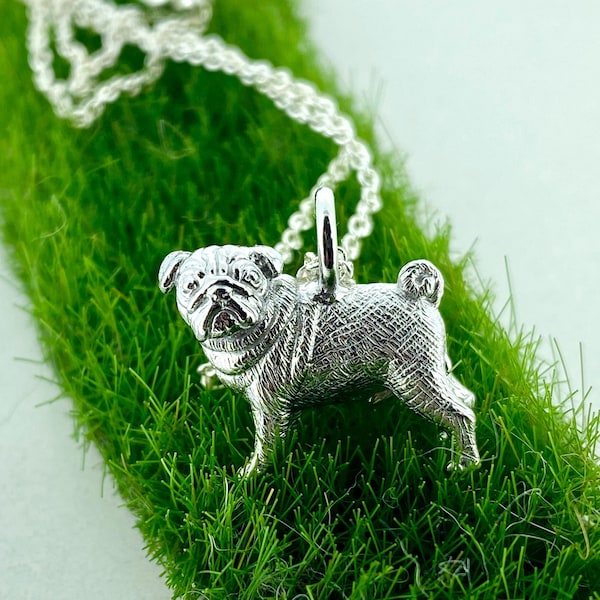 Silver Pug Dog Necklace, Sterling Silver, Dog Lover Gift, Gift for Him or Her