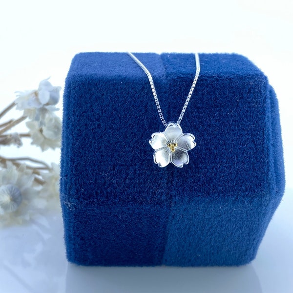 Sterling Silver Cherry Blossom Necklace, Gold Centre,  March Birth Flower, Optional Birthstone, Gift for Her, Sakura Blossom