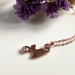Rose Gold Cat Necklace, 925 Sterling Silver with Cubic Zirconia, Playful Cat Necklace, Cat Lover Gift