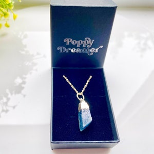 Sapphire Crystal Necklace, September Birthstone, Raw Crystal, Silver Necklace, Gift for Her, Personalised Necklace Optional