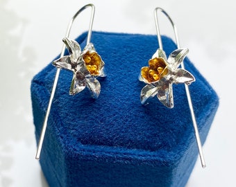 Daffodil Earrings, Long Earwires, Gift for Her, Flower Jewellery, March Birth Flower