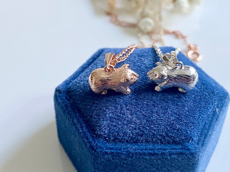 Collar de conejillo de indias de plata de ley o vermeil de oro rosa, regalo para hija o hijo, lindas joyas de animales imagen 2
