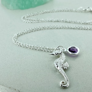 Sterling Silver Seahorse Necklace, Optional Birthstone, Gift for Her, Gift for Daughter, Silver Jewellery