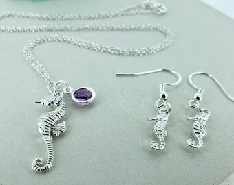 Seahorse Jewellery Earrings and Pendant Set, Sterling Silver Jewellery Gift Set, Gift for Her, Seaside Jewellery