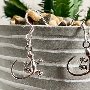 Gecko Earrings, Sterling Silver Lizard, Reptile Earrings, Dangle Lizard Earrings, Gift for Her