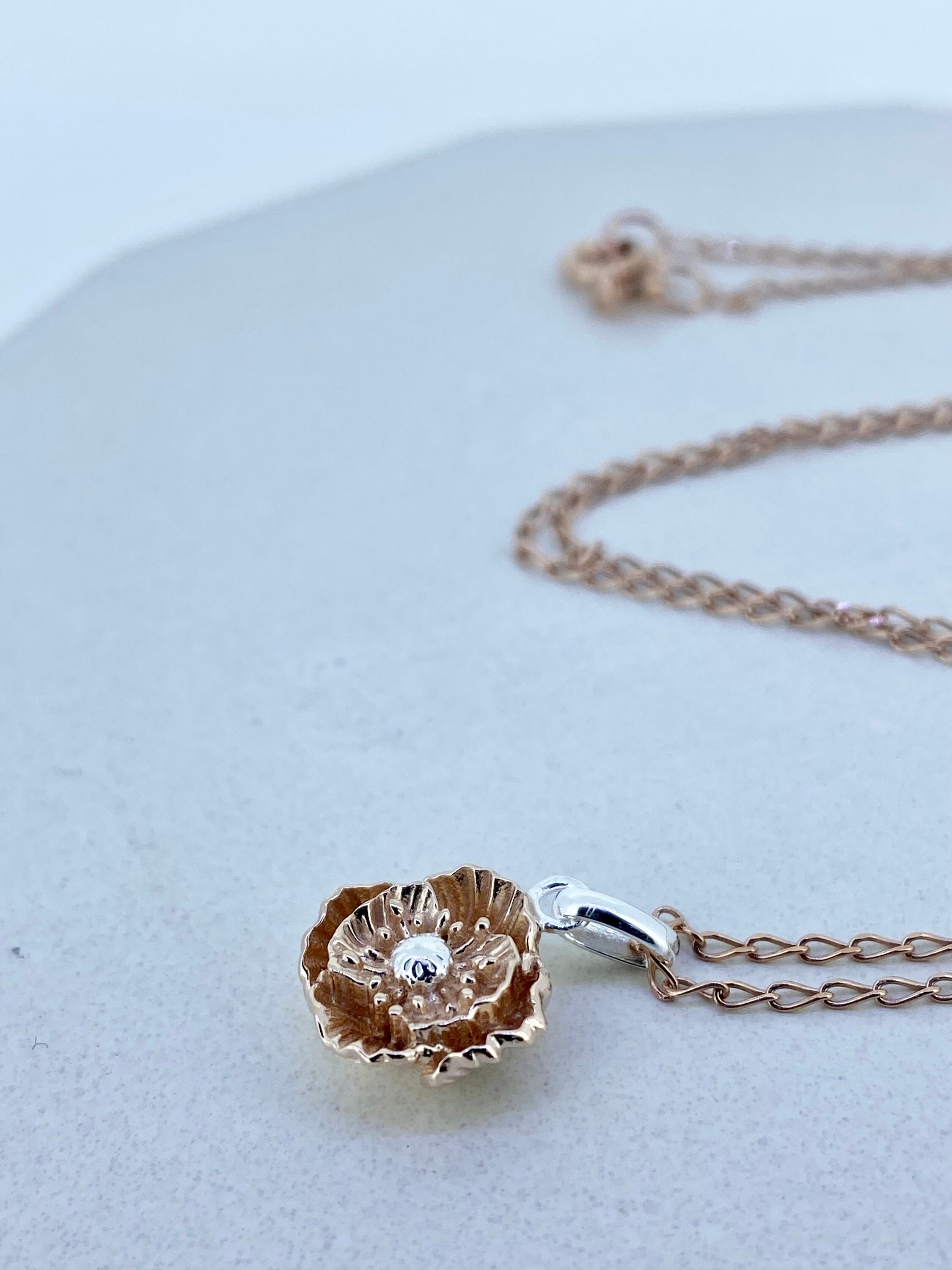 Poppy Necklace, 18 Carat Rose Gold Vermeil, Sterling Silver, Remembrance Necklace, Gift for Her, Nature Jewellery, August Birth Flower