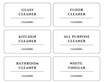 Pode incluir: Um conjunto de nove etiquetas brancas minimalistas com texto preto para produtos de limpeza. Cada etiqueta apresenta um nome de produto como "Anti-Bac" ou "Surface Cleaner" acima de uma linha horizontal, com "Cleaning" abaixo.