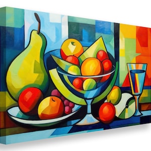 Fruits, wall decor, canvas painting, print, cubism, fruit art, art, illustration, still life, colorful fruits
