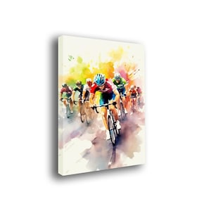 May include: A watercolor painting of a group of cyclists racing on a road. The cyclists are wearing colorful jerseys and helmets. The painting is done in a bright and vibrant style.
