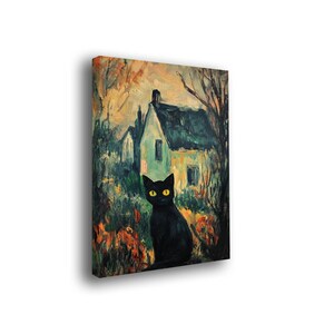 Dipinto di un gatto nero in stile post-impressionista. Dipinto di una casa autunnale. Stampa su tela ispirata a Cézanne. Dipinto su tela.