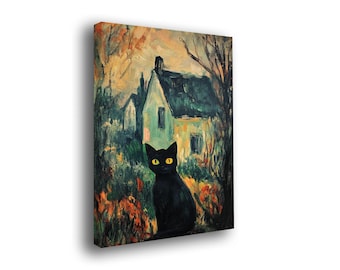 Gemälde einer schwarzen Katze im postimpressionistischen Stil. Herbstliches Hausbild. Leinwanddruck im Stil von Cézanne. Leinwandgemälde.