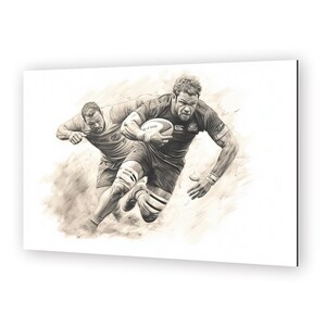 Tackle Tension, Acción, impresión sobre aluminio, Tinte Sepia, Perseverancia deportiva, arte de pared deportivo, rugby, decoración de pared