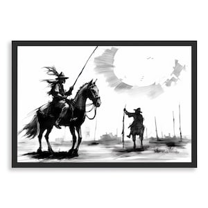 Towards the Spanish Horizon, framed painting, drawing art, wall art, black and white, Don Quixote, Sancho, home decor, poster, drawing