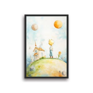 Il Piccolo Principe sul suo pianeta - Illustrazione colorata su carta fotografica - Immagine incorniciata - Stampa da parete incorniciata - Regalo per bambini