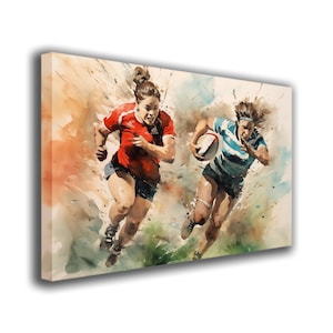 Players united by rugby, rugby players canvas print, rugbywomen on the stadium, wall hanging print, rugby watercolor