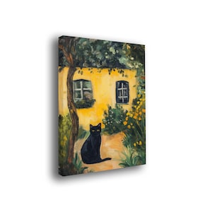 Impression sur Toile Jardin Mystique. Tableau Chat Noir art Post-Impressionniste. Peinture Maison Jaune. Impression sur toile style Cézanne