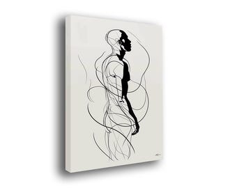 Könnte beinhalten: Schwarz-weiß-Linienkunst-Druck einer Personensilhouette mit abstrakten Linien, die sie umgeben.