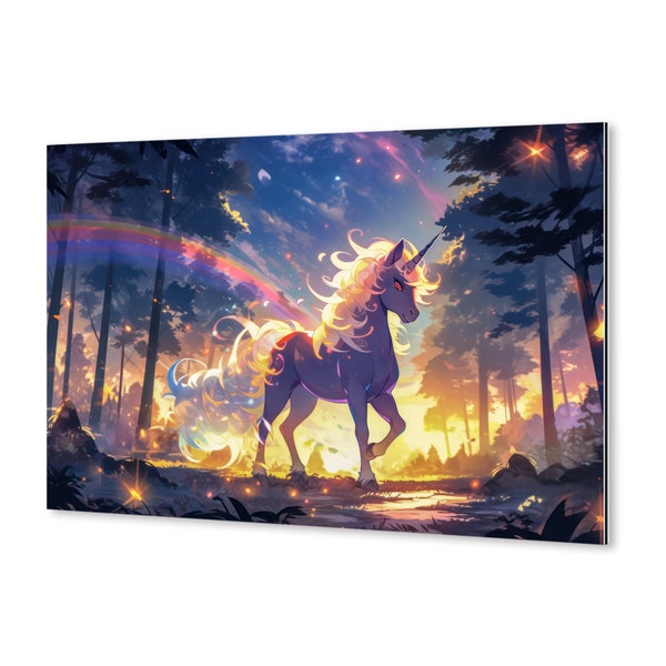 La licorne et l'arc en ciel, licorne, magie féérique, art enfantin, art mural, chambre d'enfant, déco pour enfant, tableau pour enfant, art