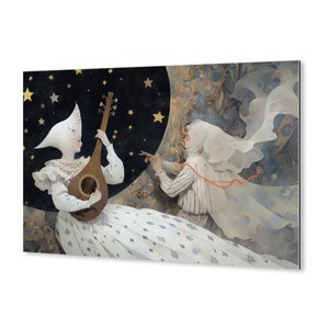 Fairy figures | Iridescent Moon | Captivating imagination | Two-pointed hat | White dress | Pastel Pattern | Night sky | gold stars